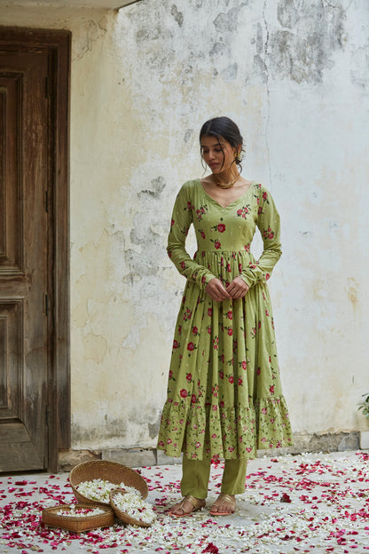 Juanita- Pista green cotton gather anarkali set with embellishment