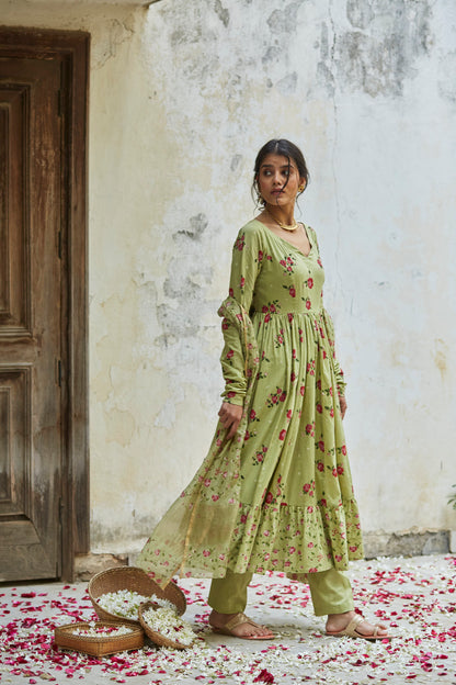 Juanita- Pista green cotton gather anarkali set with embellishment