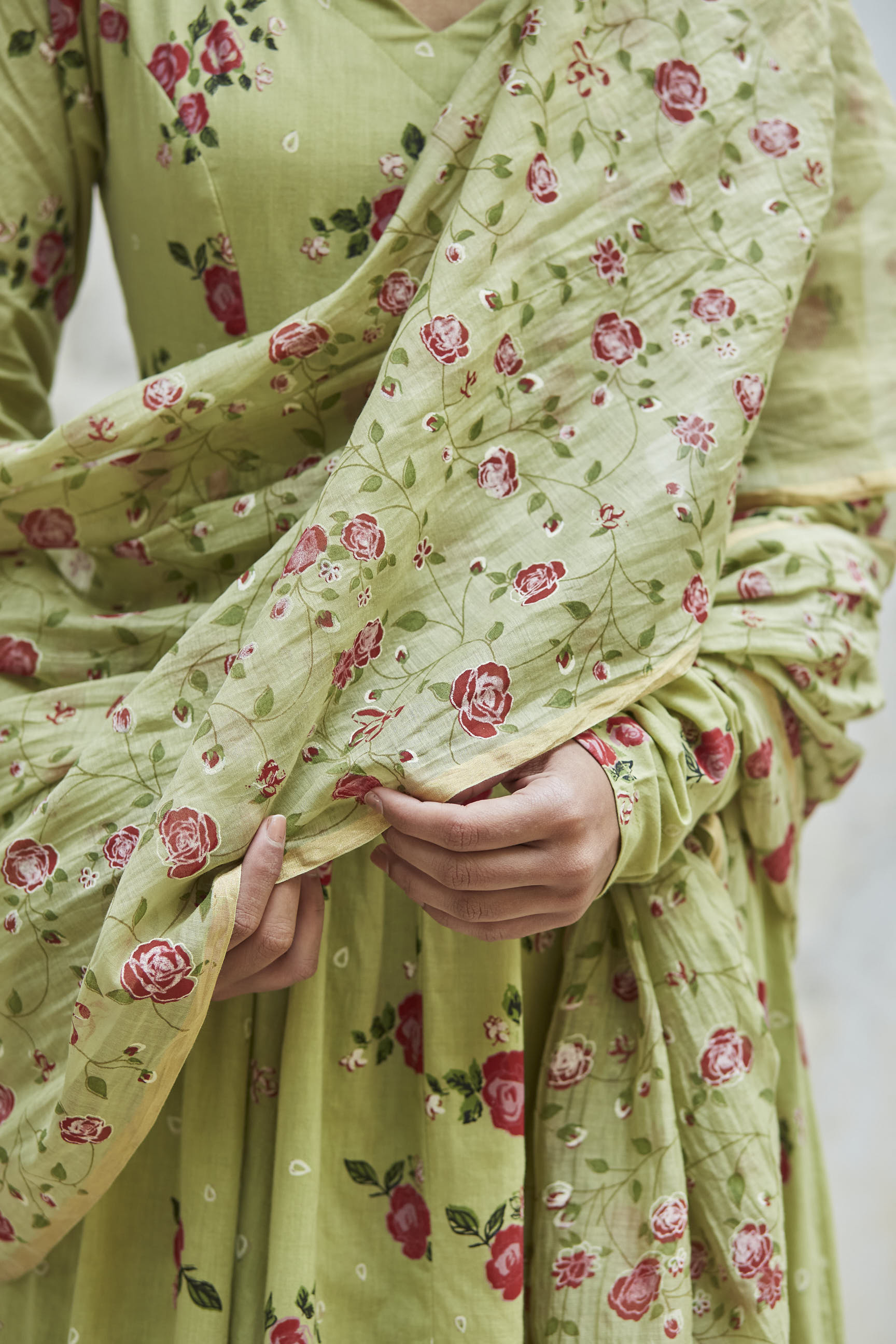 Juanita- Pista green cotton gather anarkali set with embellishment