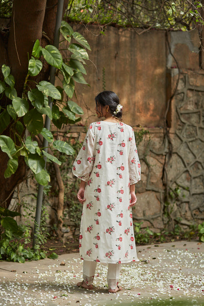 Juanita- Handwoven chanderi ivory and old rose comfort fit kurta set with embellishment