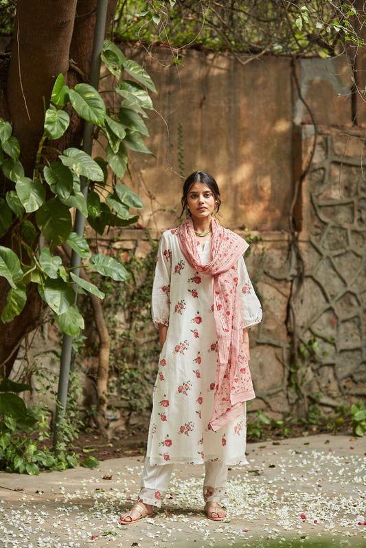 Juanita- Handwoven chanderi ivory and old rose comfort fit kurta set with embellishment