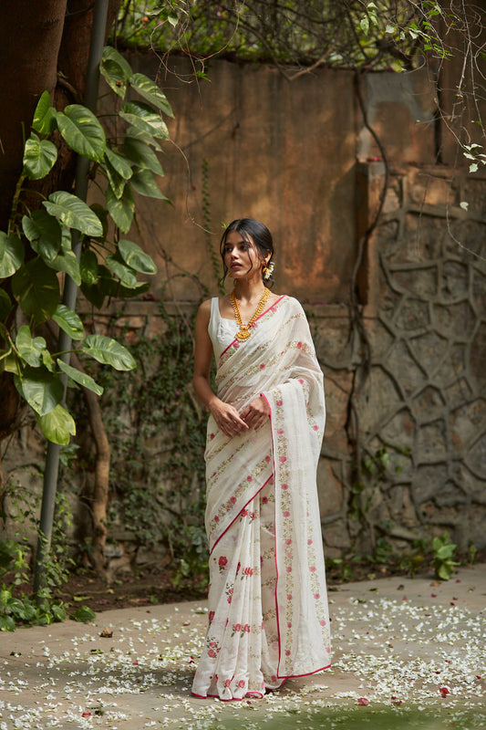 Juanita- Ivory handwoven chanderi saree with embellishment