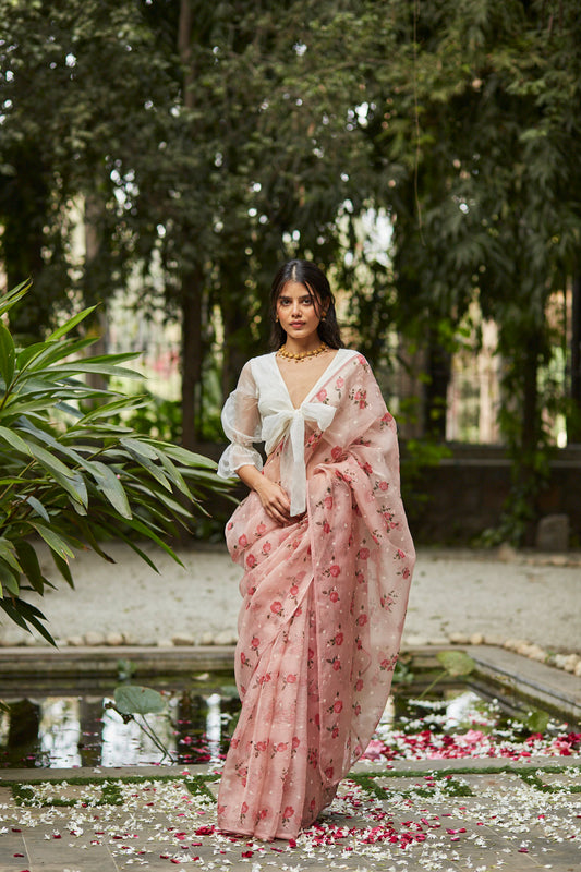 Juanita- Handwoven organza silk saree in persin rose color with embellishment