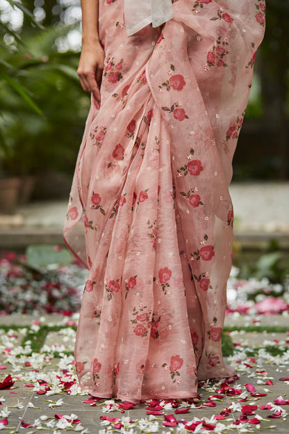 Juanita- Handwoven organza silk saree in persin rose color with embellishment