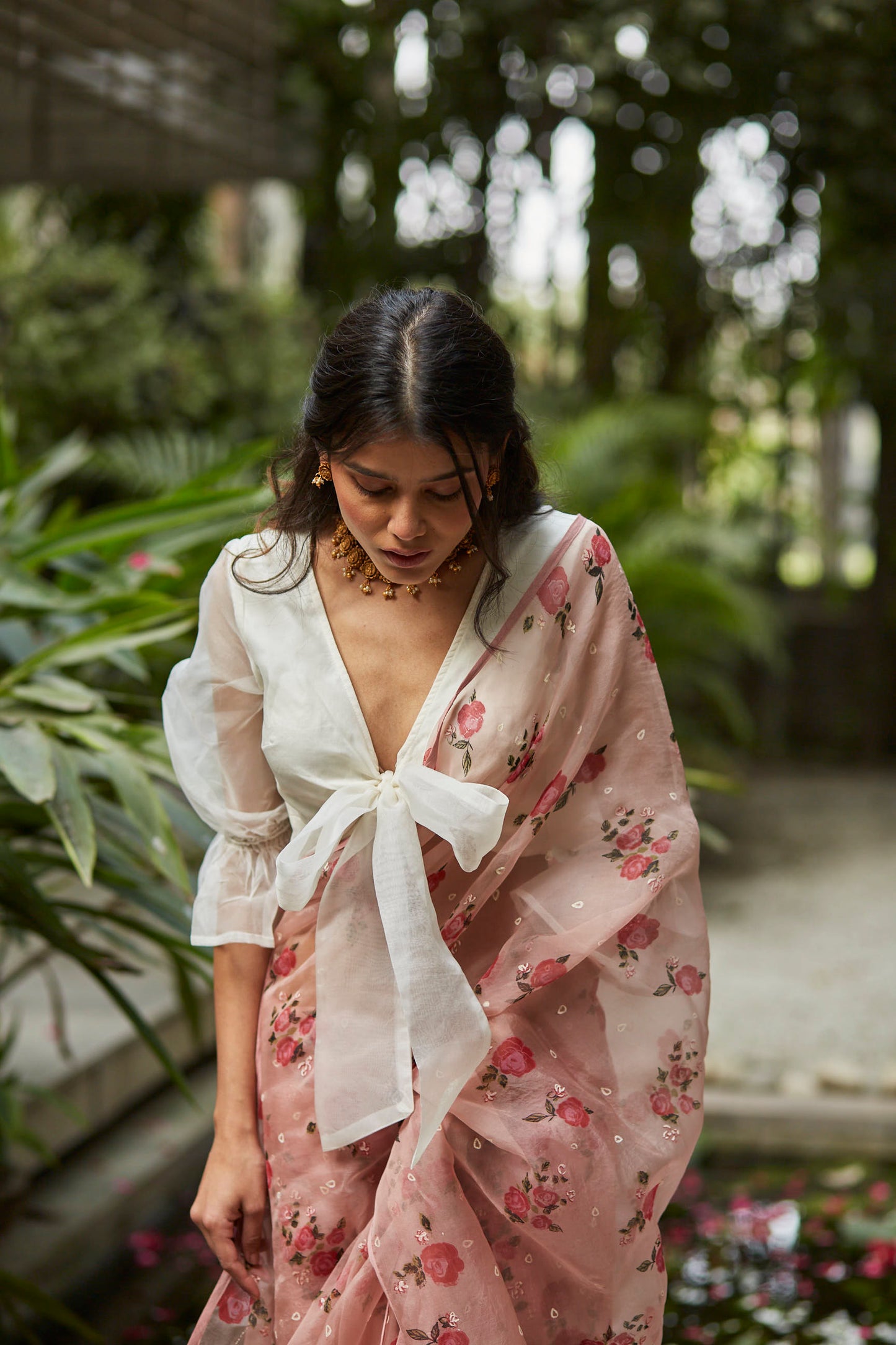 Juanita- Handwoven organza silk saree in persin rose color with embellishment