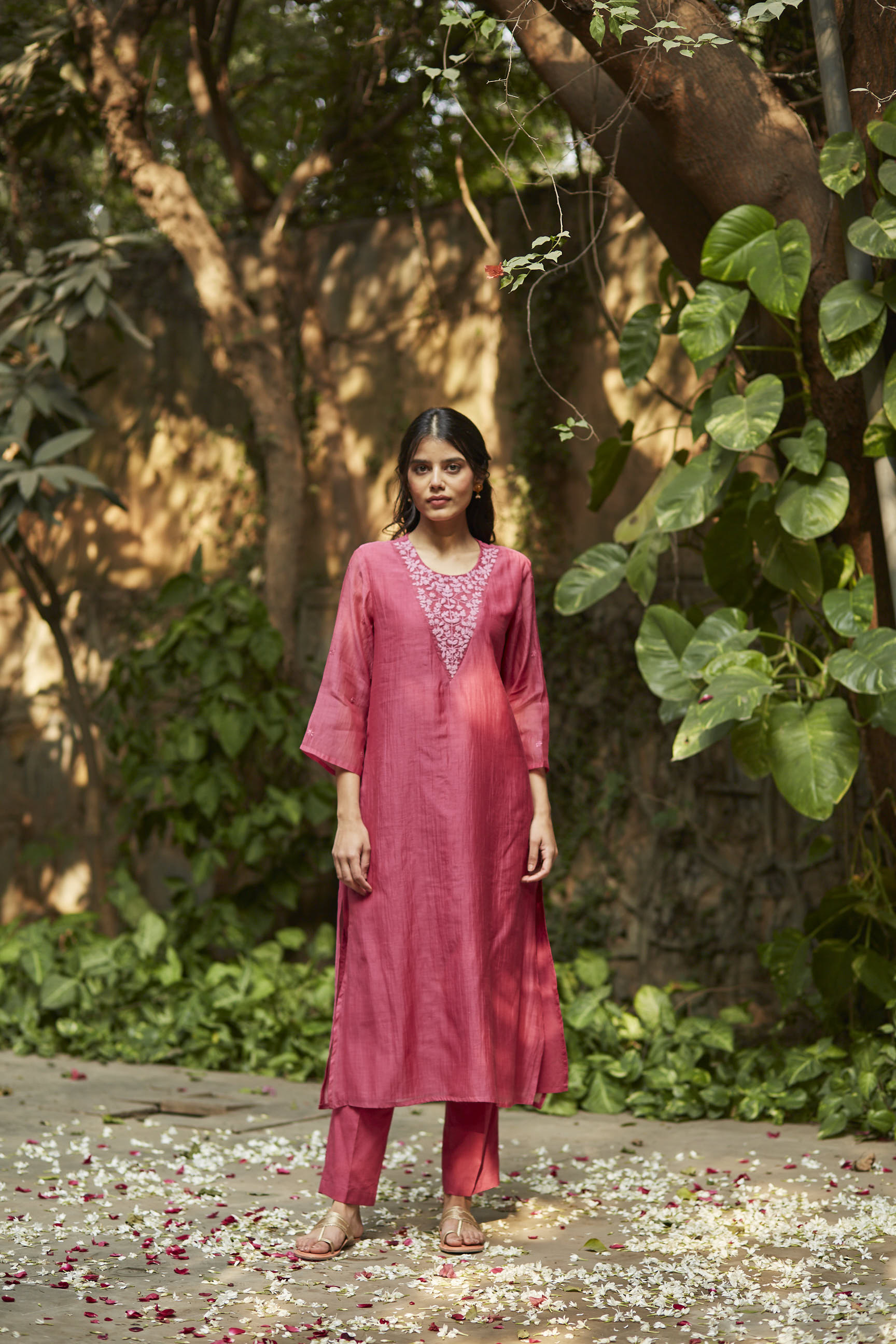 Juanita- Handwoven chanderi fuchsia and old rose comfort fit kurta set with embellishment