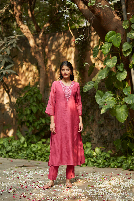 Juanita- Handwoven chanderi fuchsia and old rose comfort fit kurta set with embellishment