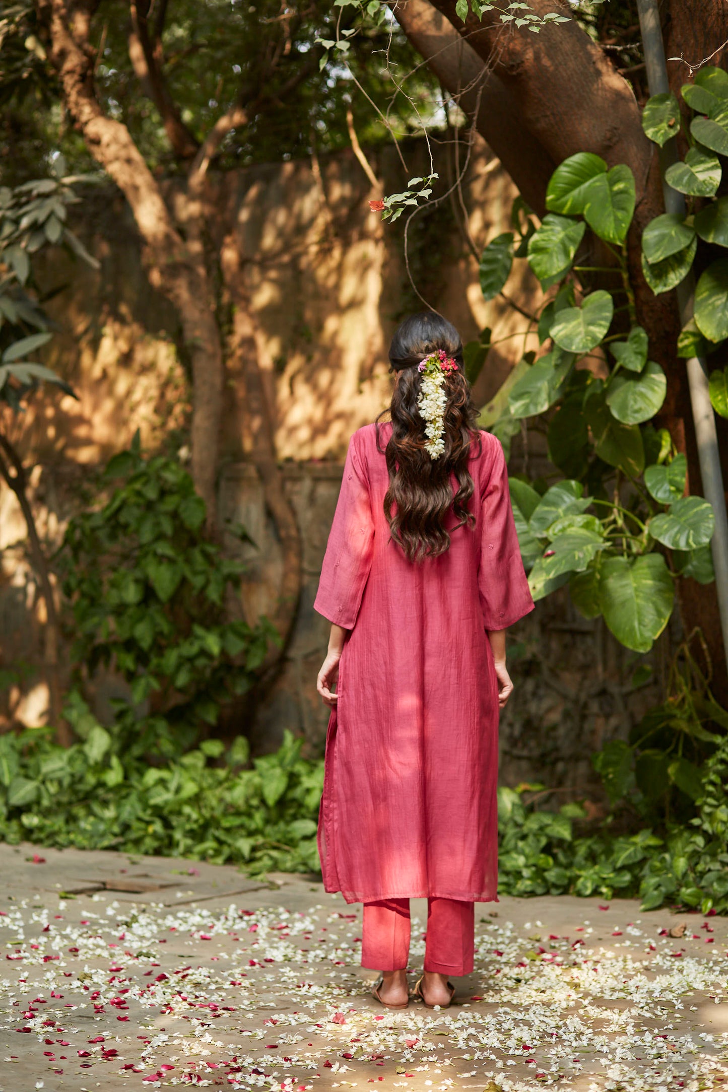 Juanita- Handwoven chanderi fuchsia and old rose comfort fit kurta set with embellishment