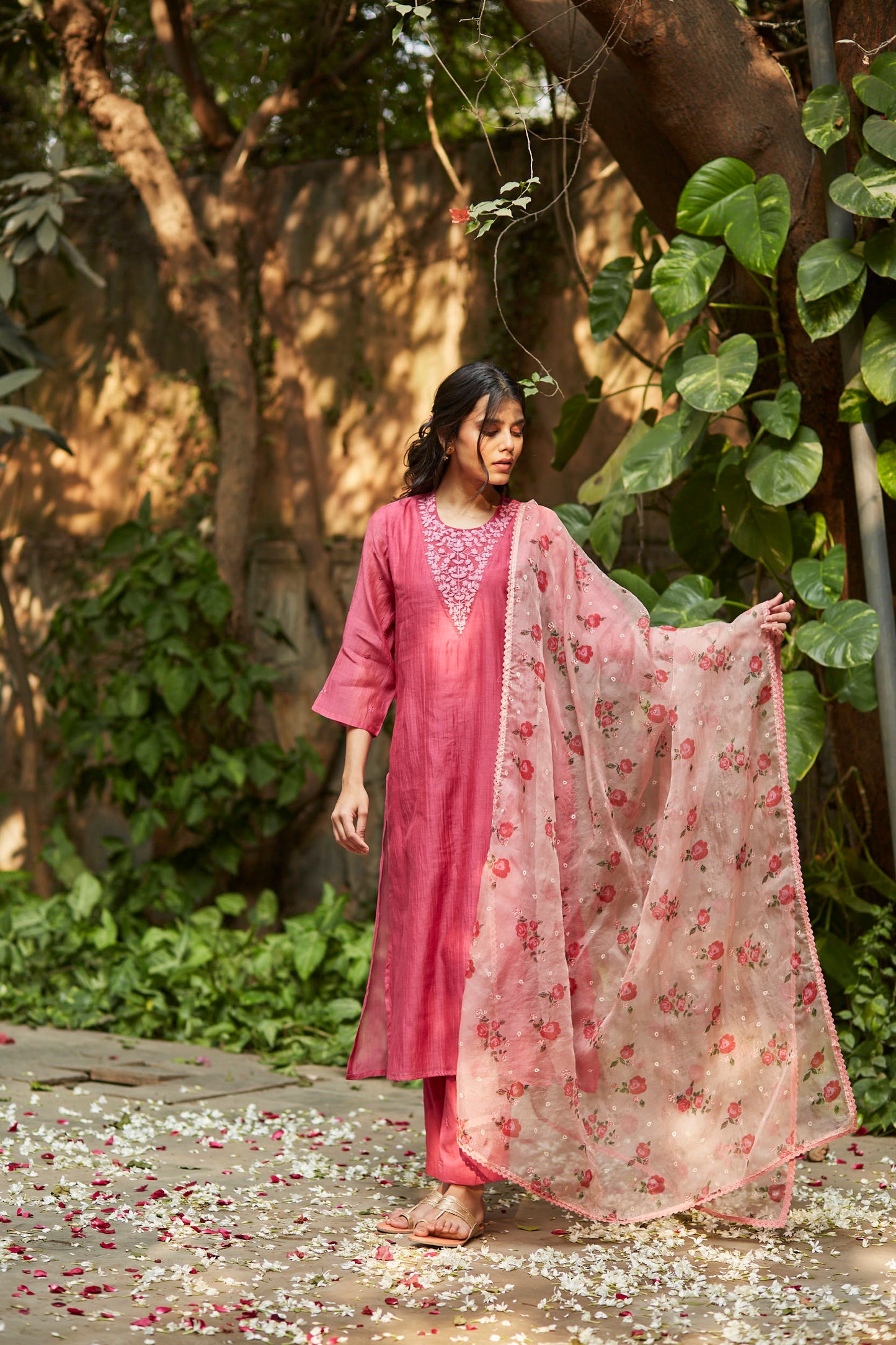 Juanita- Handwoven chanderi fuchsia and old rose comfort fit kurta set with embellishment