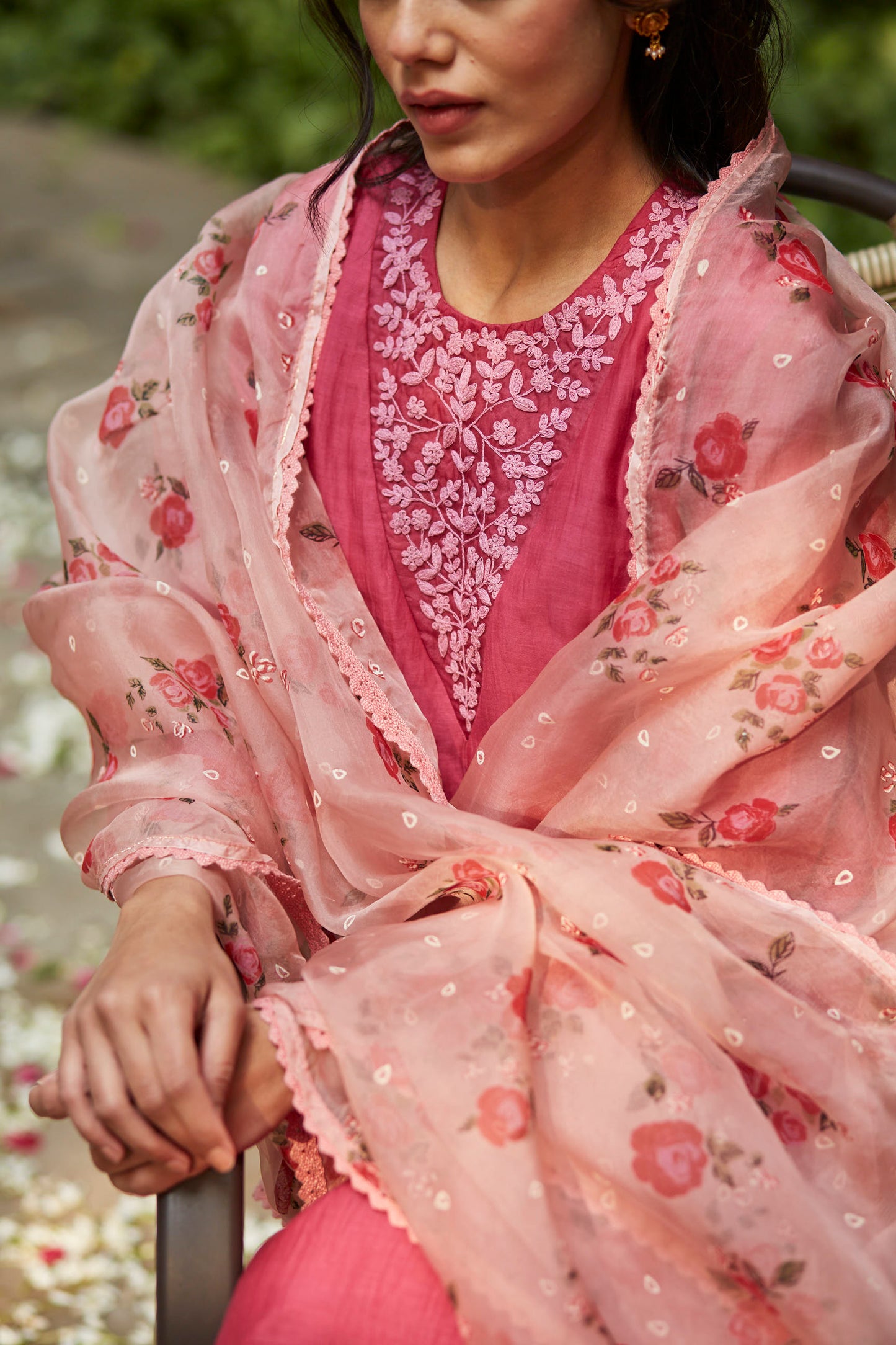 Juanita- Handwoven chanderi fuchsia and old rose comfort fit kurta set with embellishment