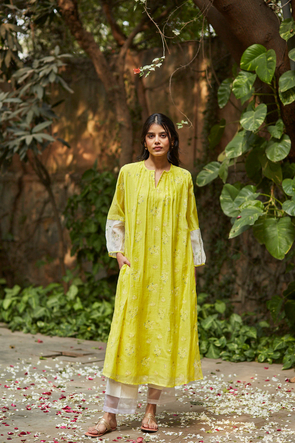 Juanita- Handwoven chanderi ivory and lime color block gather kurta set with embellishment