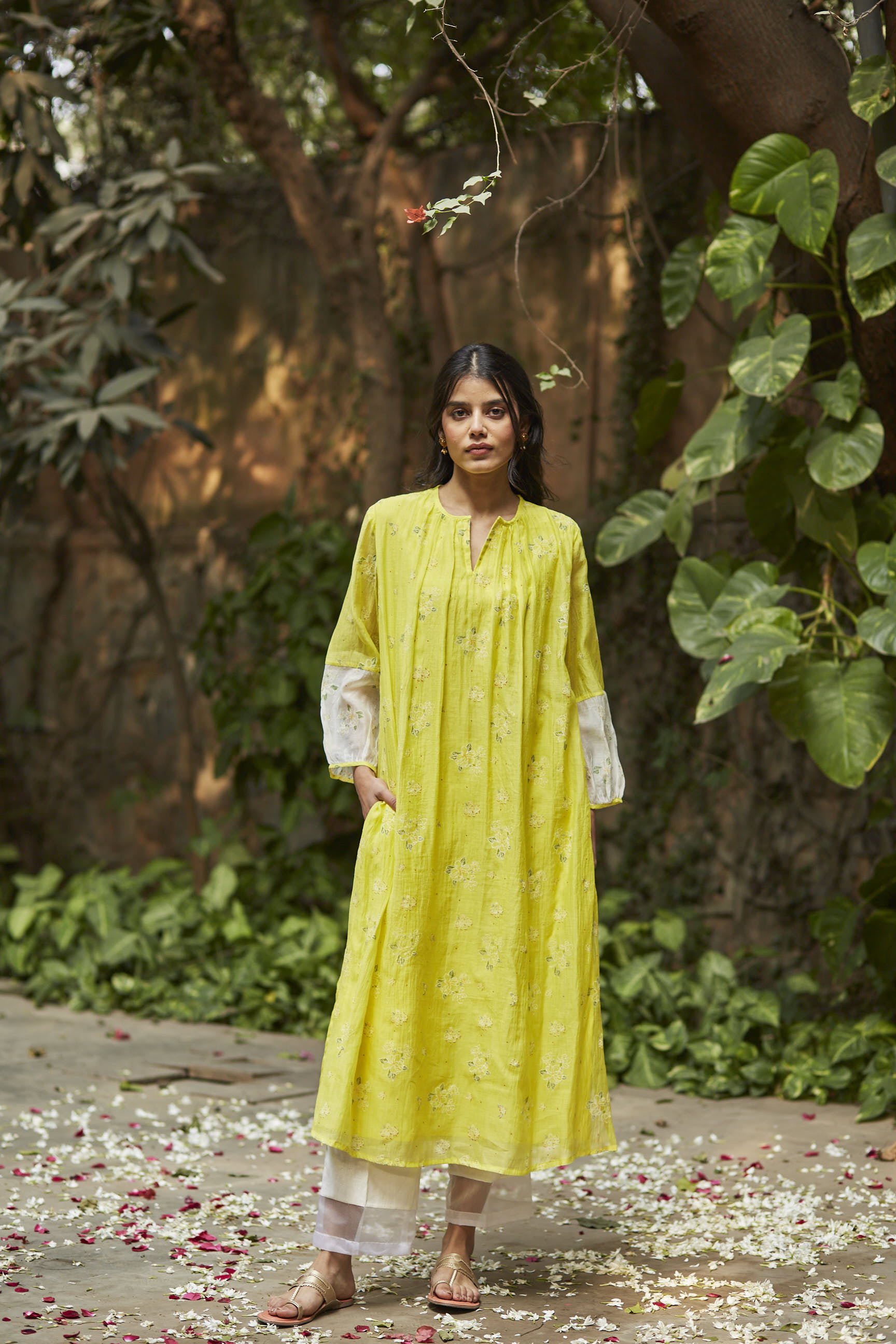 Juanita- Handwoven chanderi ivory and lime color block gather kurta set with embellishment