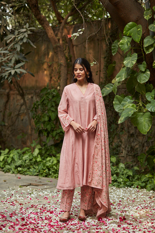 Juanita- Handwoven chanderi old rose comfort fit kurta set with embellishment