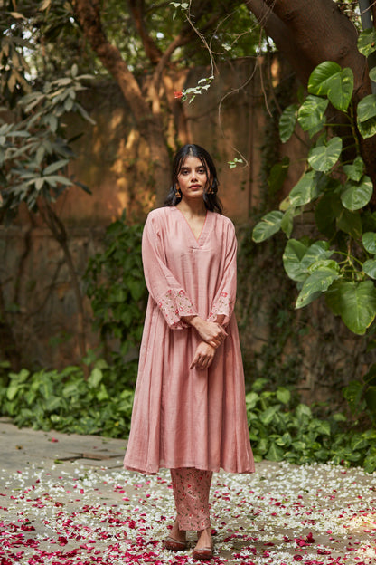 Juanita- Handwoven chanderi old rose comfort fit kurta set with embellishment