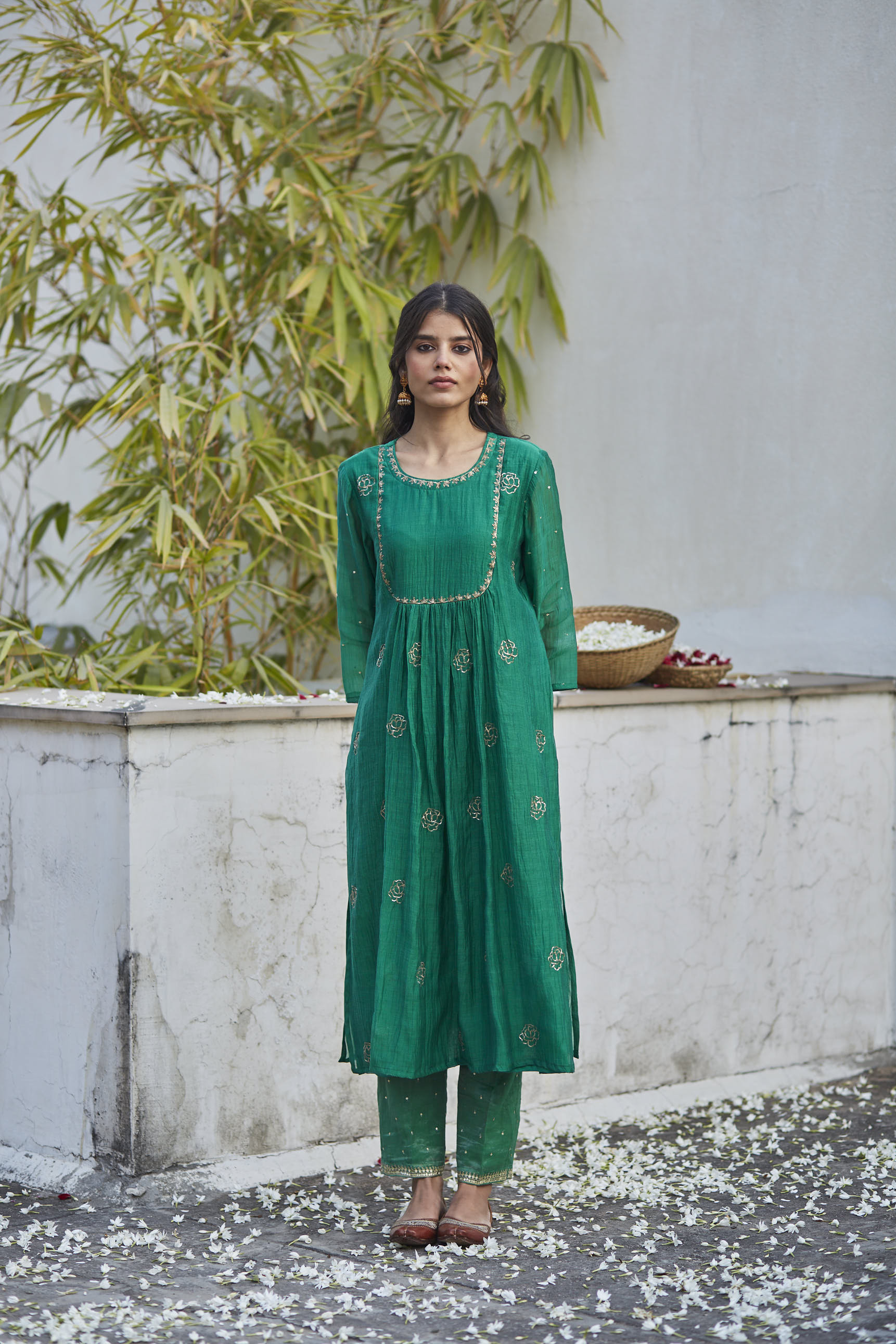Juanita- Handwoven chanderi comfort fit kurta set in shades of green with embellishment