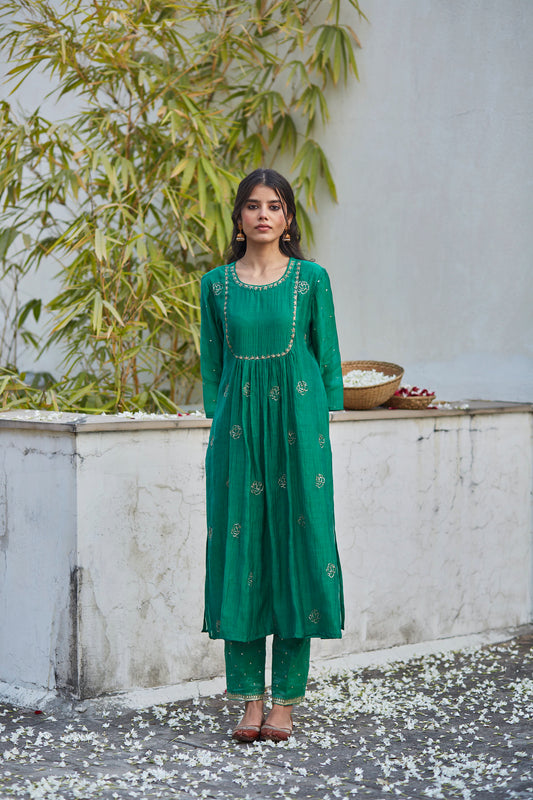 Juanita- Handwoven chanderi comfort fit kurta set in shades of green with embellishment