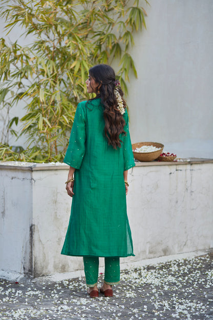 Juanita- Handwoven chanderi comfort fit kurta set in shades of green with embellishment