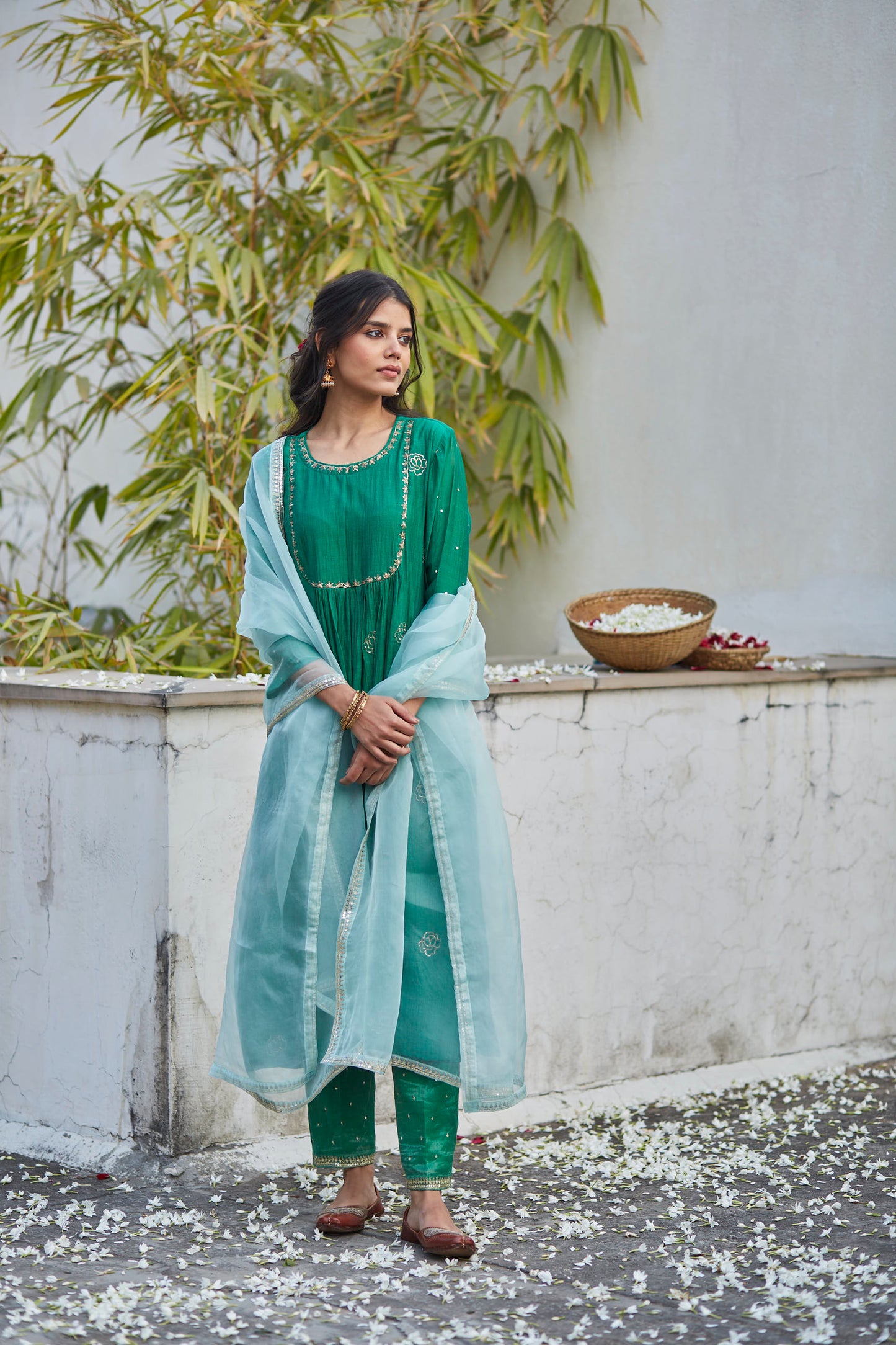 Juanita- Handwoven chanderi comfort fit kurta set in shades of green with embellishment