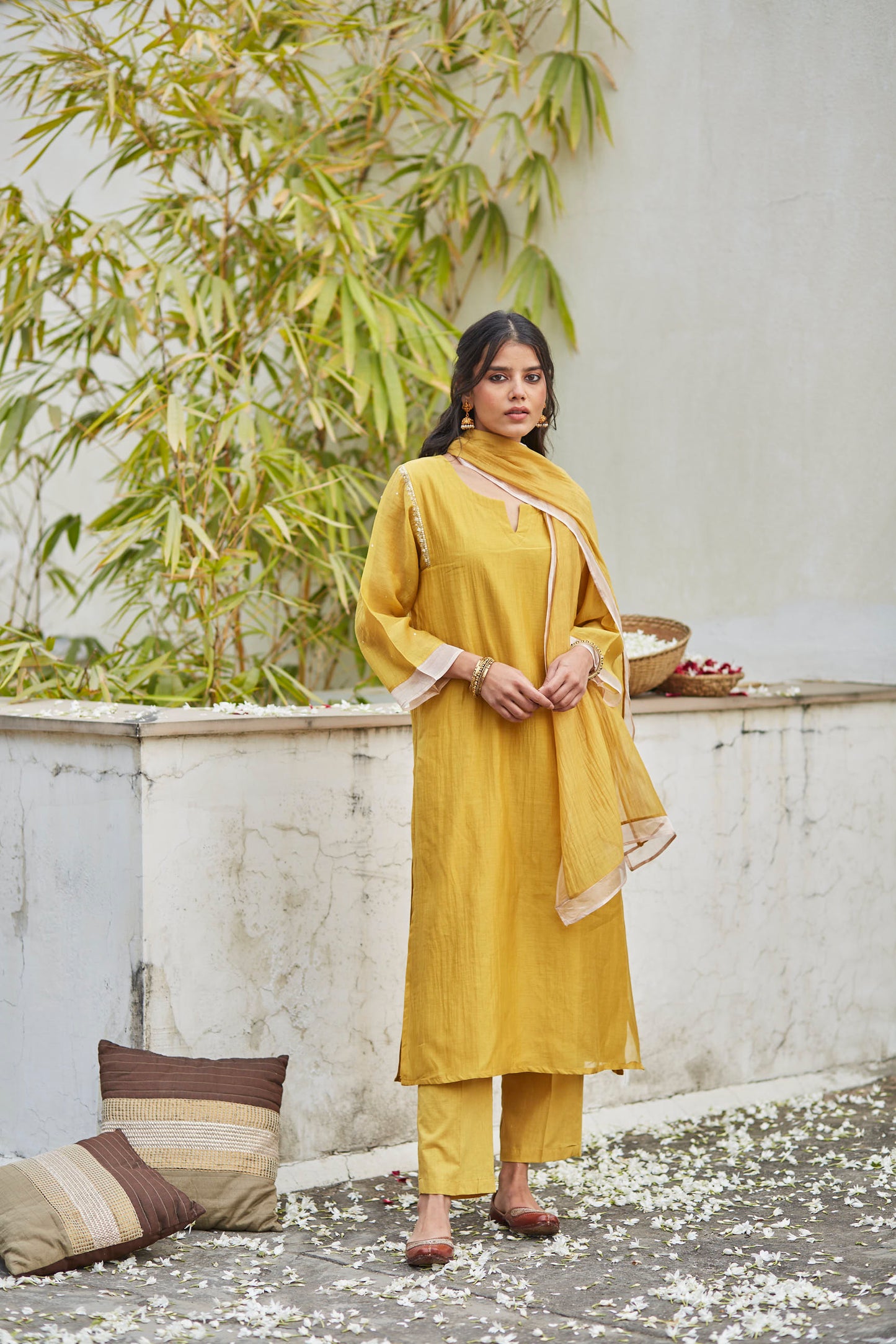 Juanita- Handwoven chanderi ochre comfort fit kurta set with tissue detailing