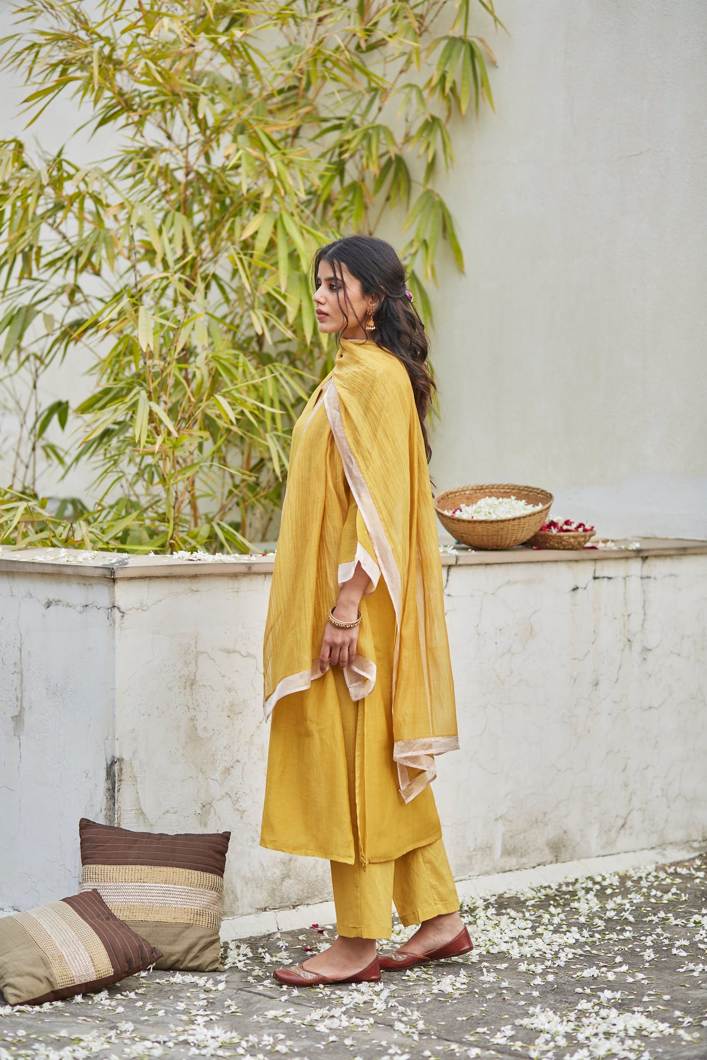 Juanita- Handwoven chanderi ochre comfort fit kurta set with tissue detailing