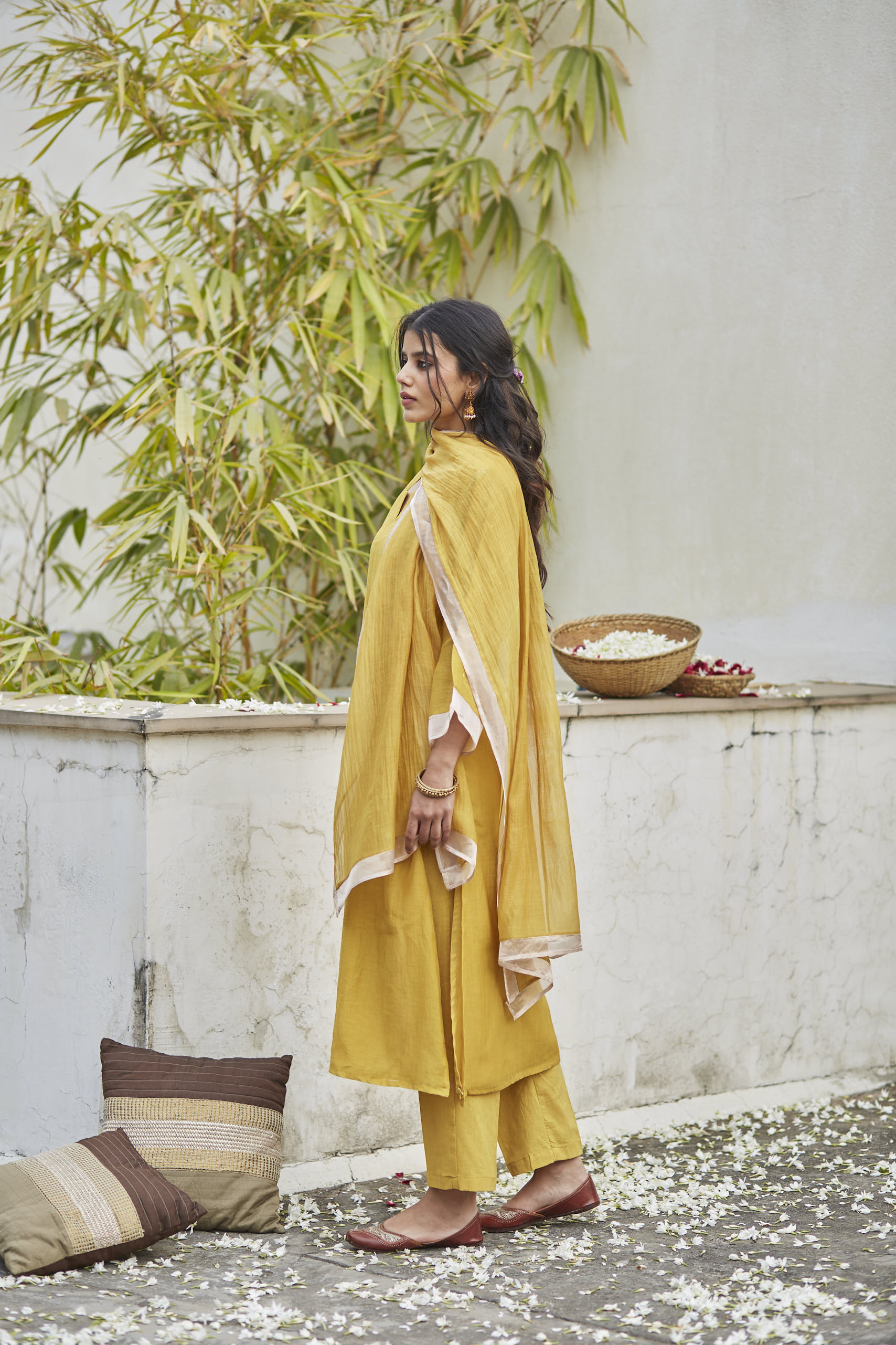 Juanita- Handwoven chanderi ochre comfort fit kurta set with tissue detailing