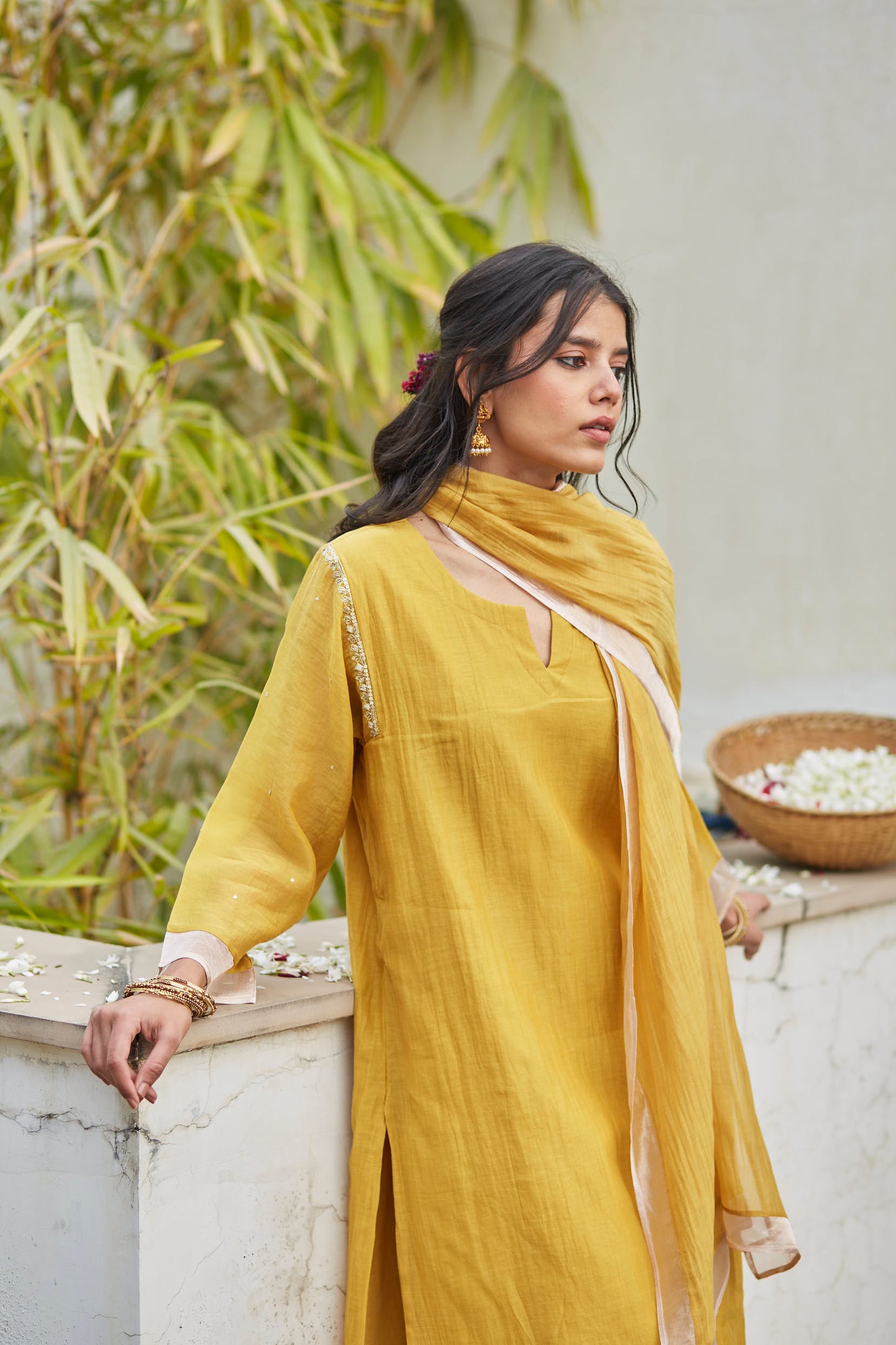 Juanita- Handwoven chanderi ochre comfort fit kurta set with tissue detailing