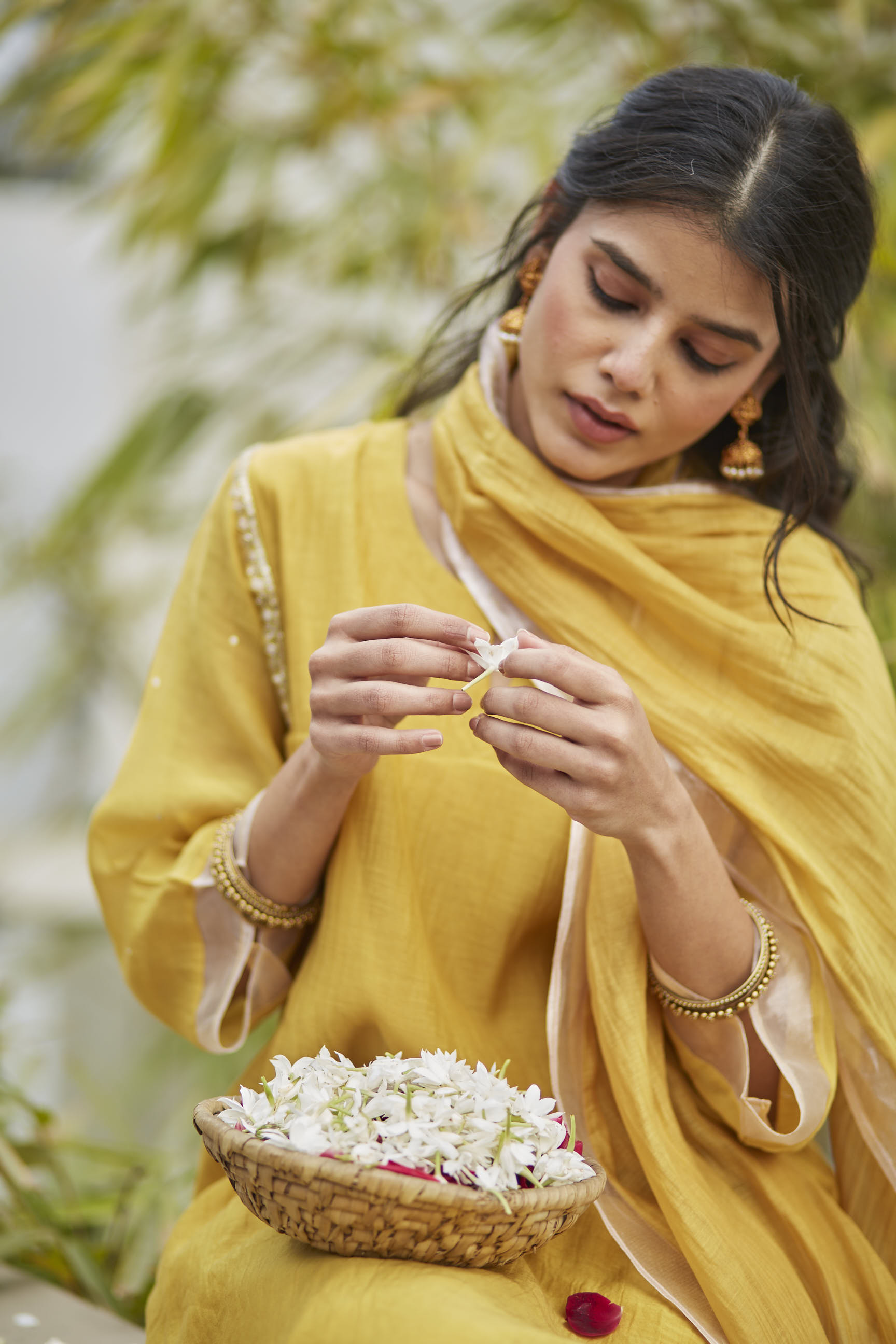 Juanita- Handwoven chanderi ochre comfort fit kurta set with tissue detailing