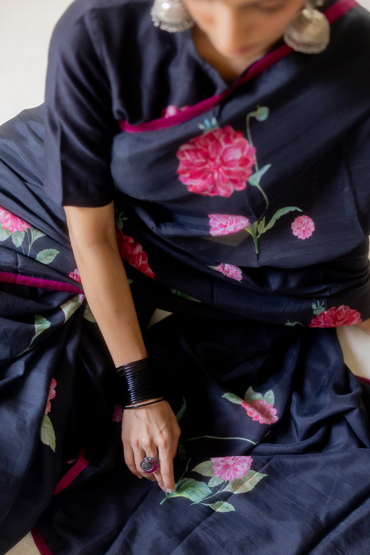 JUANITA-MIDNIGHT SILK SAREE AND CHOKER NECK BLOUSE