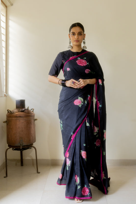 JUANITA-MIDNIGHT SILK SAREE AND CHOKER NECK BLOUSE