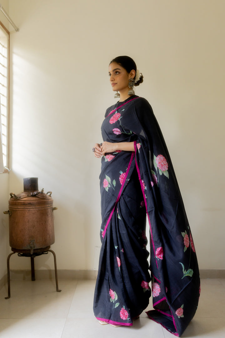 JUANITA-MIDNIGHT SILK SAREE AND CHOKER NECK BLOUSE
