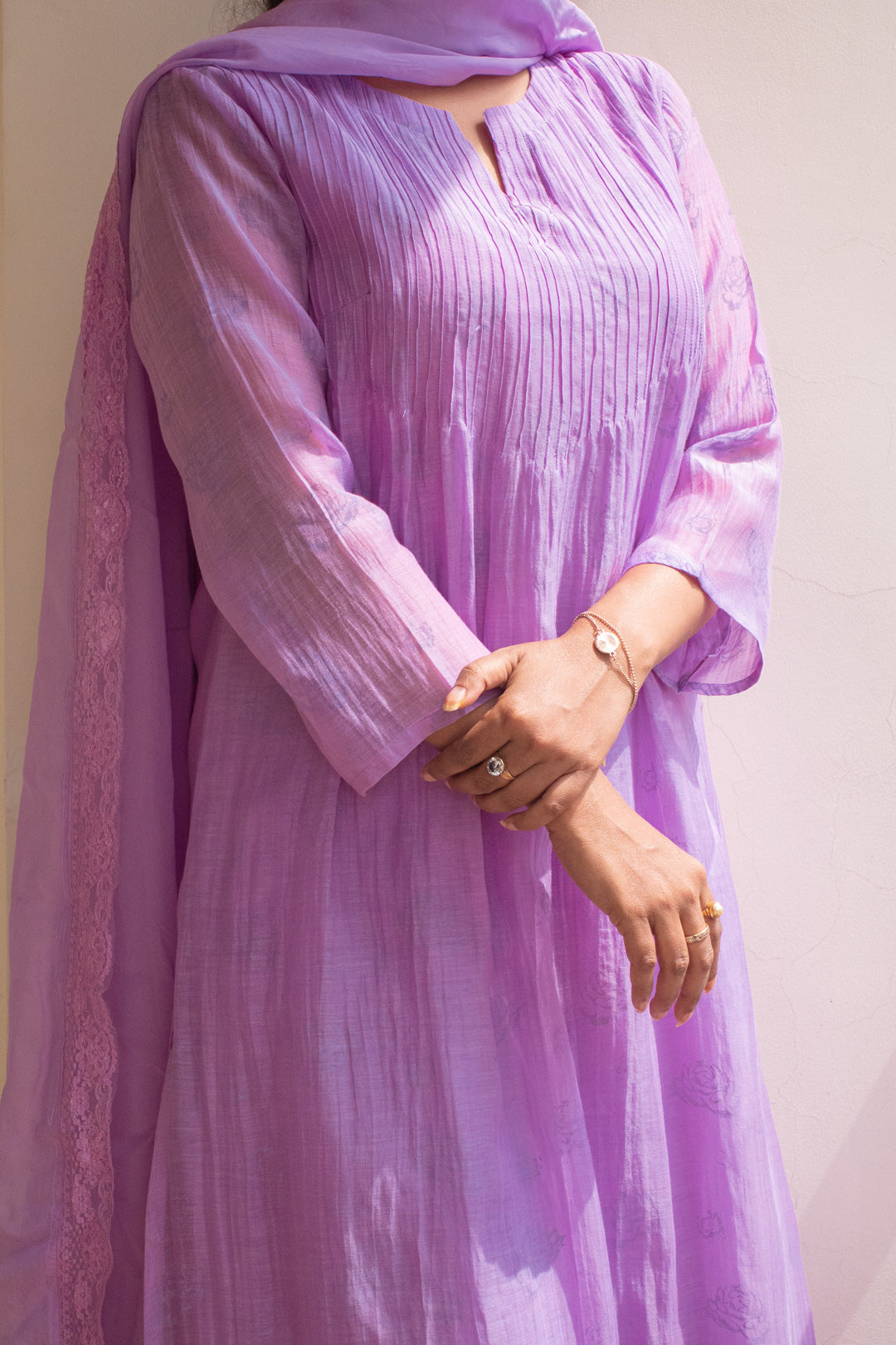 Juanita- Handwoven chanderi lilic front tuck kurta