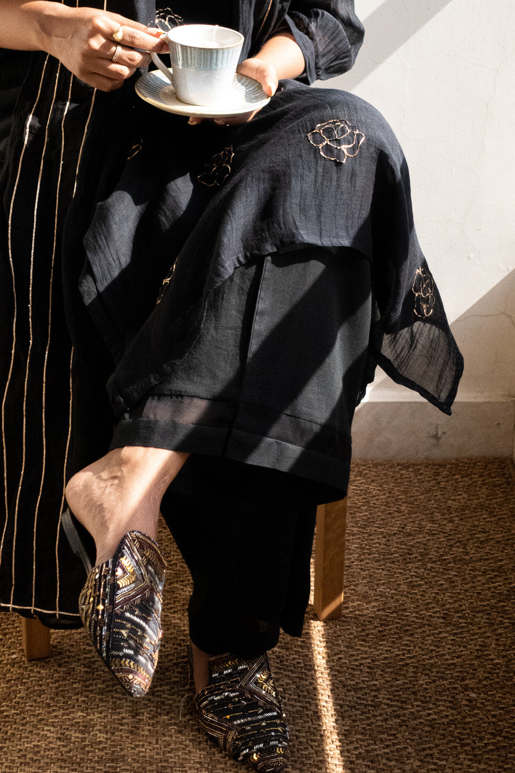 Juanita- Classic black and antique gold dabka pitta embroided handwoven chanderi kurta