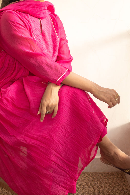 Juanita- Handwoven chanderi hot pink front pink tuck kurta