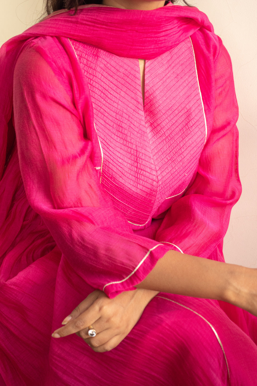 Juanita- Handwoven chanderi hot pink front pink tuck kurta