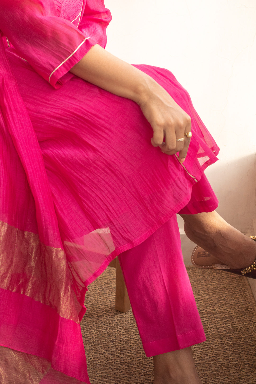 Juanita- Handwoven chanderi hot pink front pink tuck kurta