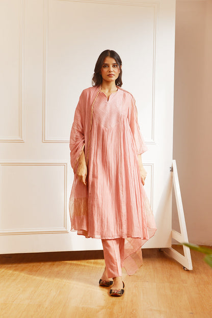 Juanita- Handwoven chanderi old rose coloured pintuck yoke kurta