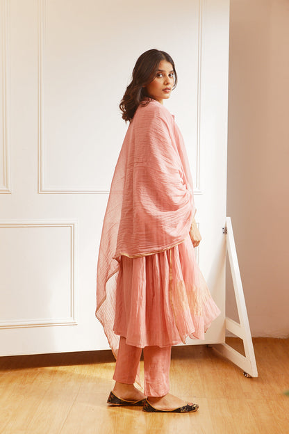 Juanita- Handwoven chanderi old rose coloured pintuck yoke kurta