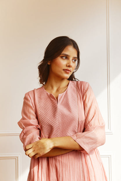 Juanita- Handwoven chanderi old rose coloured pintuck yoke kurta