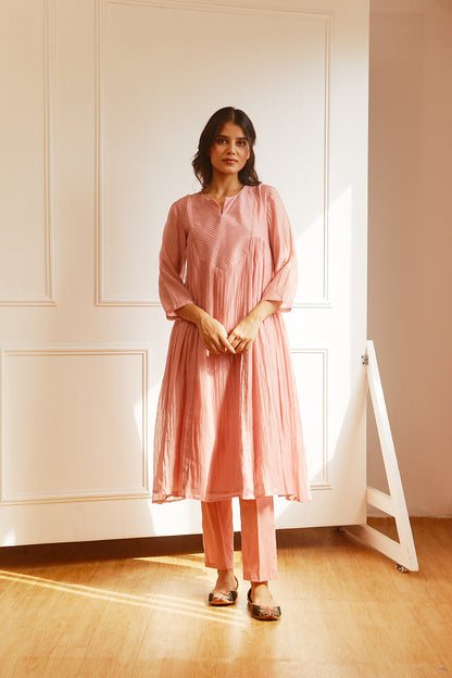 Juanita- Handwoven chanderi old rose coloured pintuck yoke kurta