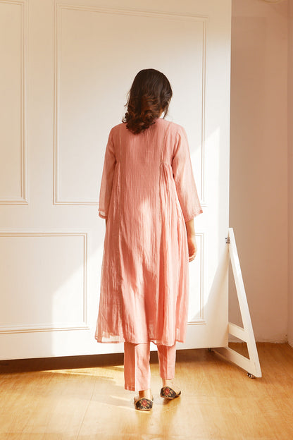 Juanita- Handwoven chanderi old rose coloured pintuck yoke kurta