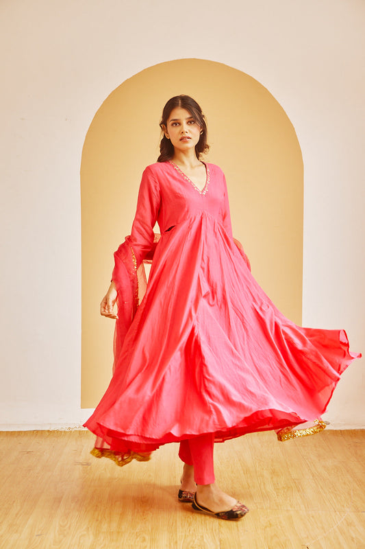 Juanita- Handwoven cotton silk hot pink front gather kali style anarkali