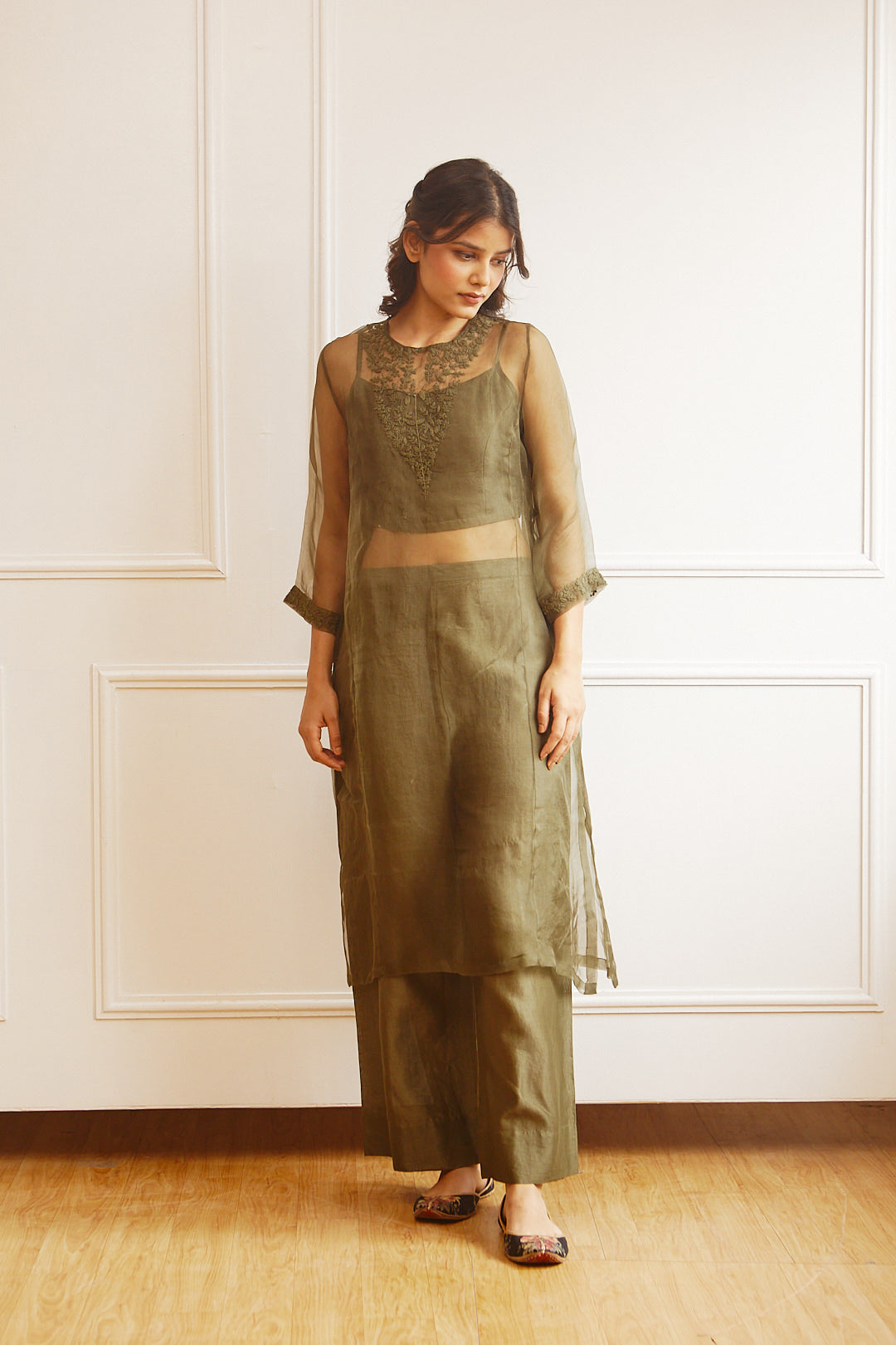 Juanita- Handwoven Orgnaza Silk Tunic with Emellishment of Tonal Dori Embroidery