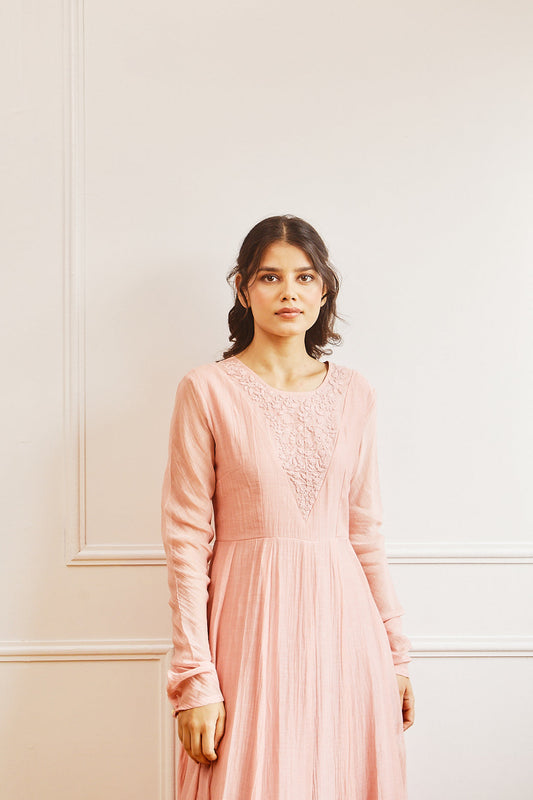 Juanita- Handwoven chanderi persian rose annarklai with embellishment of tonal dori embroidery