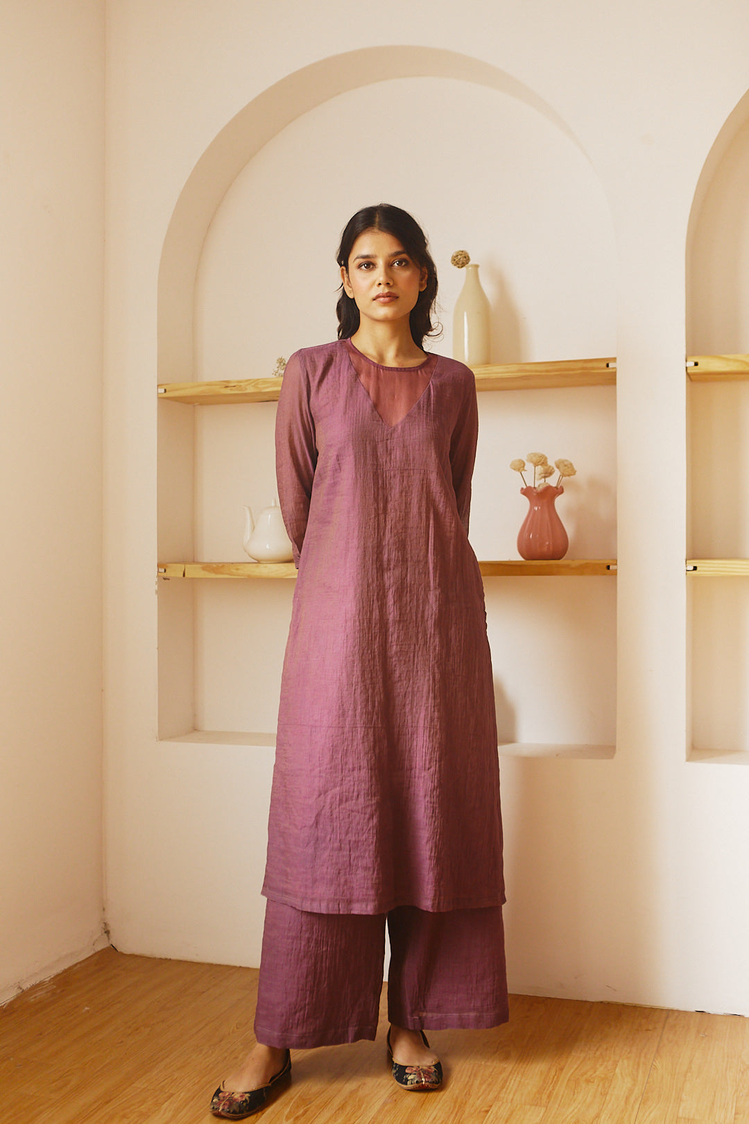 Juanita- Handwoven chanderi tissue wine colour kurta