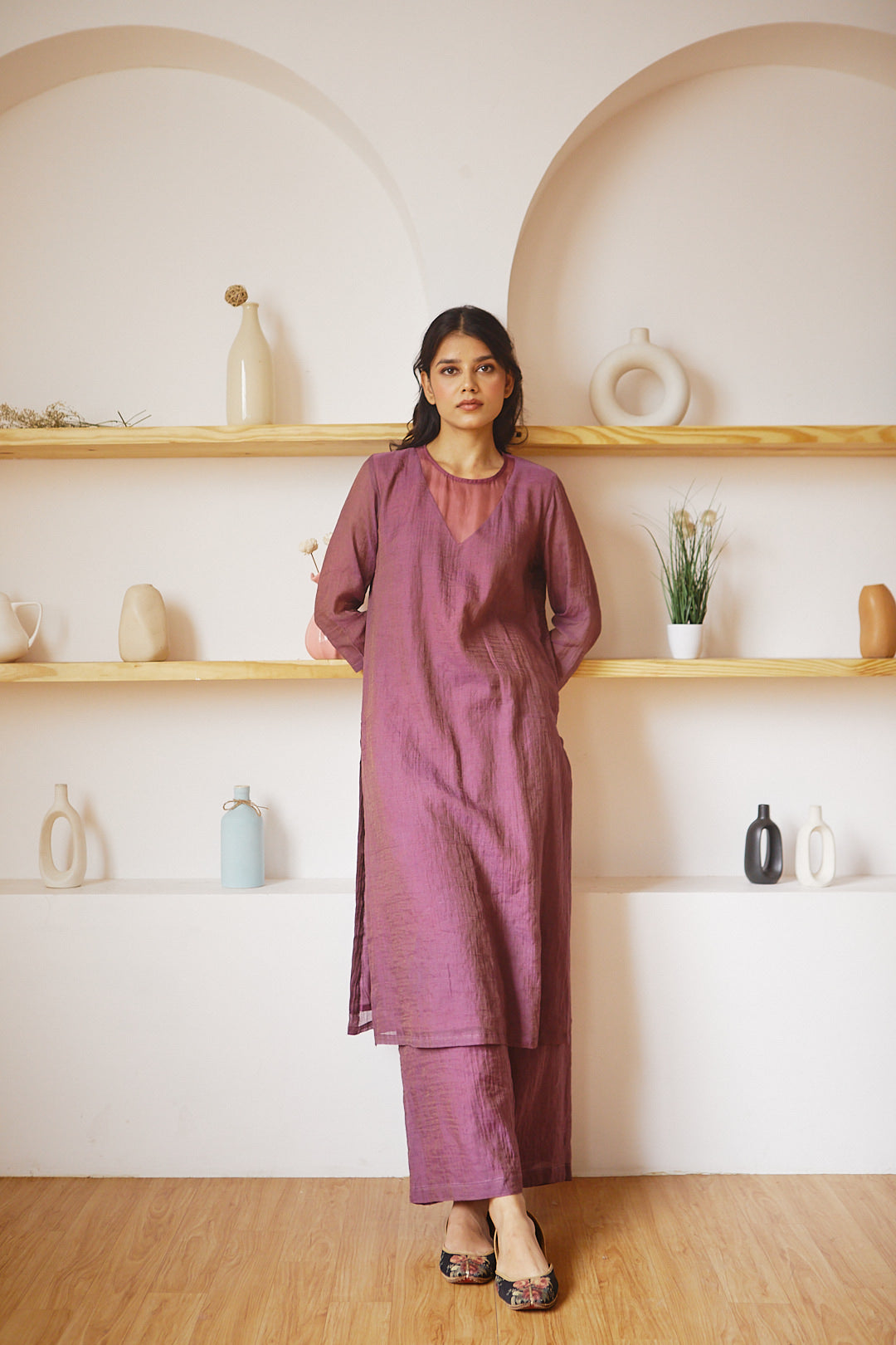 Juanita- Handwoven chanderi tissue wine colour kurta