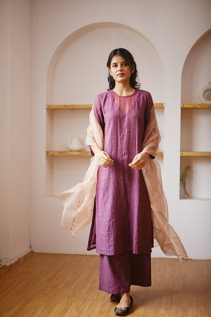 Juanita- Handwoven chanderi tissue wine colour kurta with detailing of organza on neck set