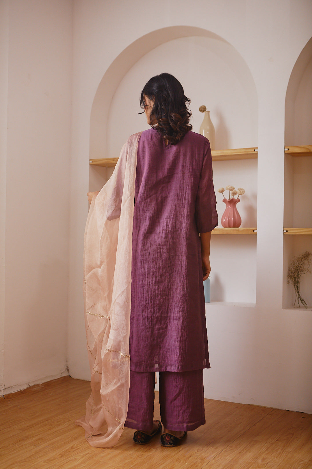 Juanita- Handwoven chanderi tissue wine colour kurta with detailing of organza on neck set