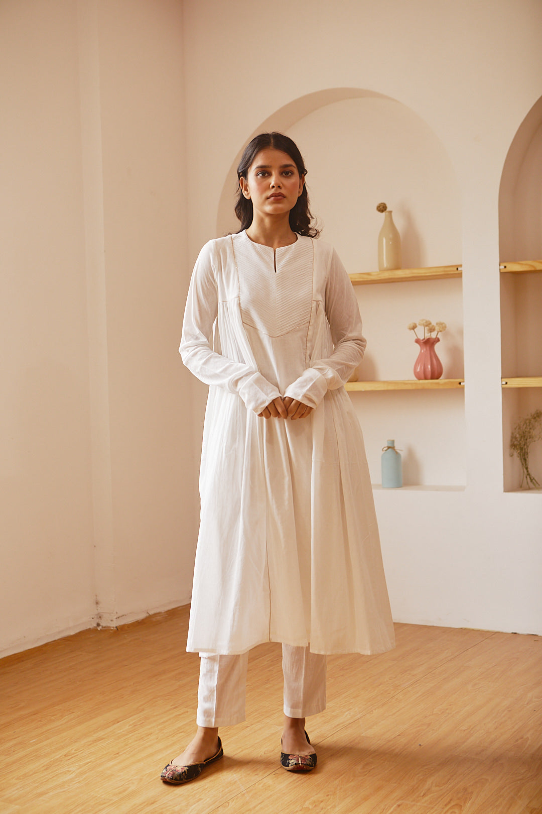 Juanita- Handwoven cotton ivory pintuck with side gather kurta