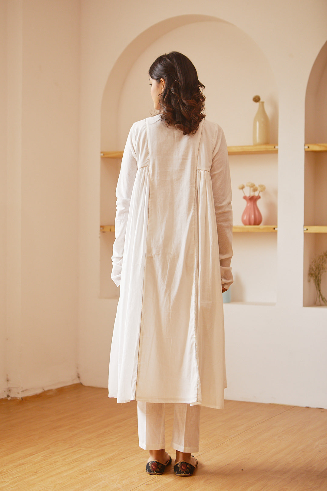 Juanita- Handwoven cotton ivory pintuck with side gather and churi sleeve kurta set