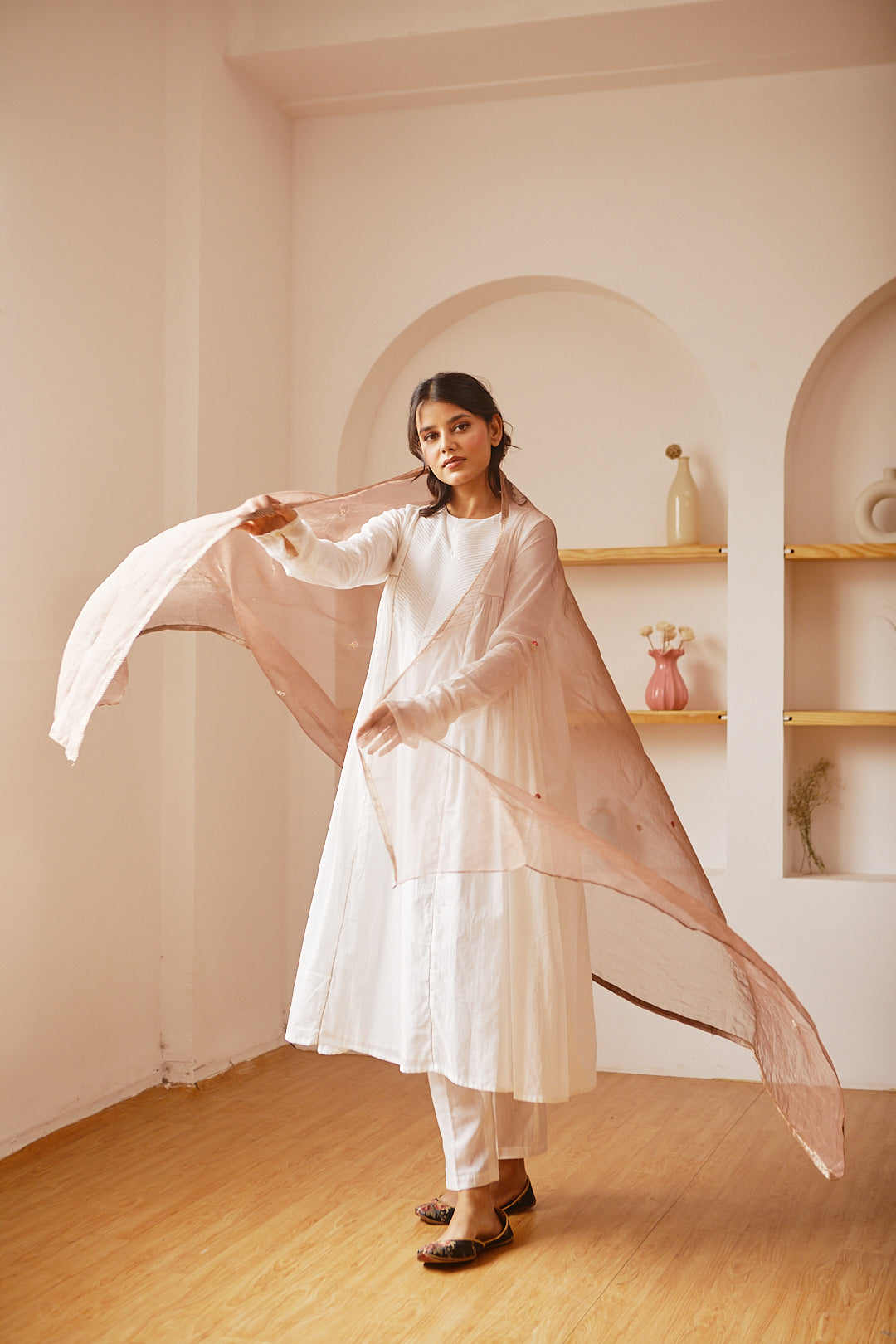 Juanita- Handwoven cotton ivory pintuck with side gather and churi sleeve kurta set